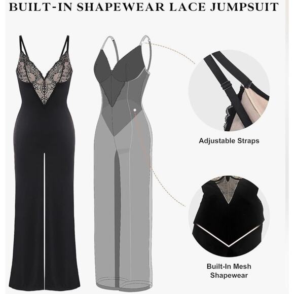 Popilush Shapewear Lace Deep V-Neck Sculpting Wide Leg Black Jumpsuit size XXL - Picture 5 of 6
